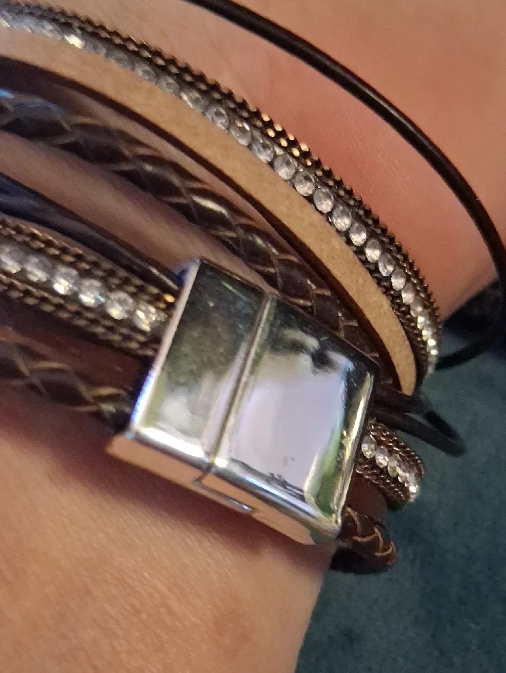 Express Brown Multi-Strand Leather Wrap Bracelet with Pearls and Rhinestones
